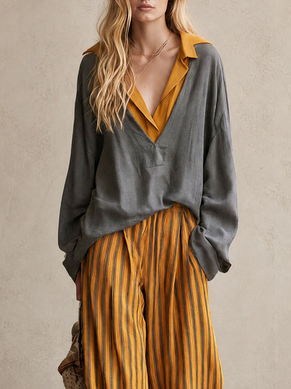 Casual Retro Color-blocked Faux Two-piece Grey Linen Shirt And Yellow Trousers Set