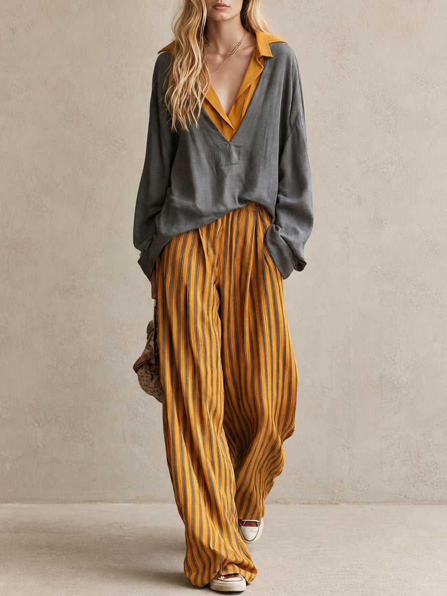 Casual Retro Color-blocked Faux Two-piece Grey Linen Shirt And Yellow Trousers Set