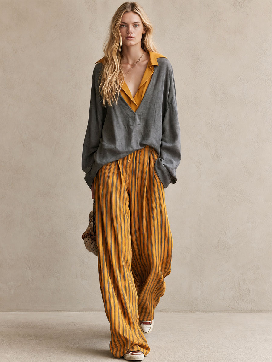 Casual Retro Color-blocked Faux Two-piece Grey Linen Shirt And Yellow Trousers Set