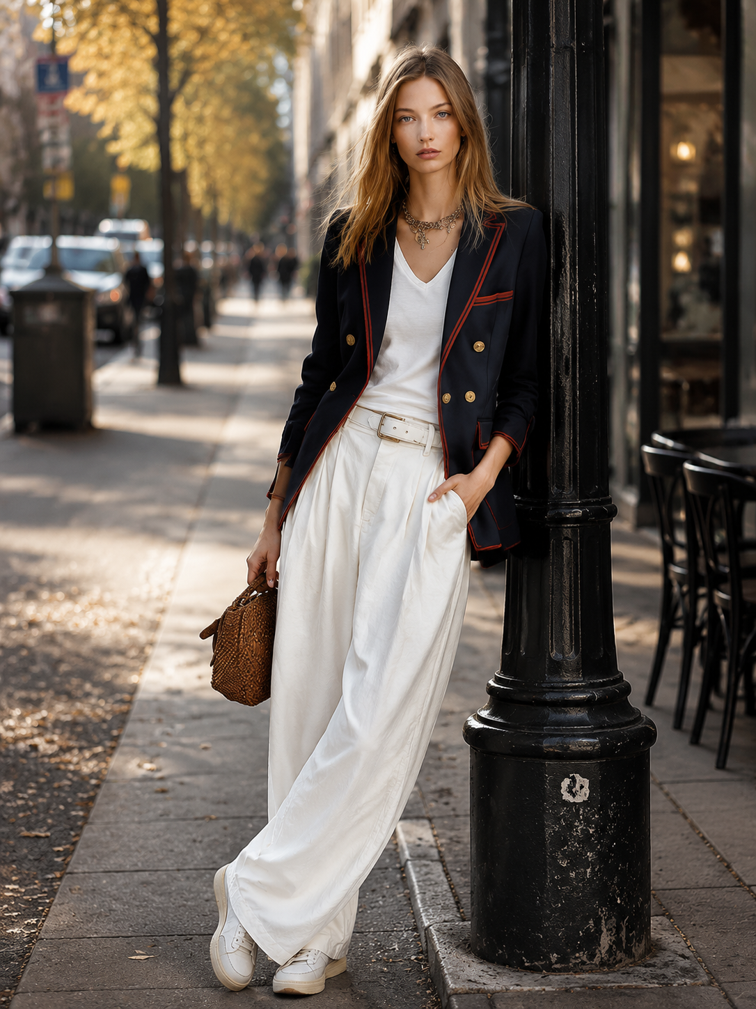 Retro Casual Style With Orange Piping Loose-fitting Navy Blue Blazer