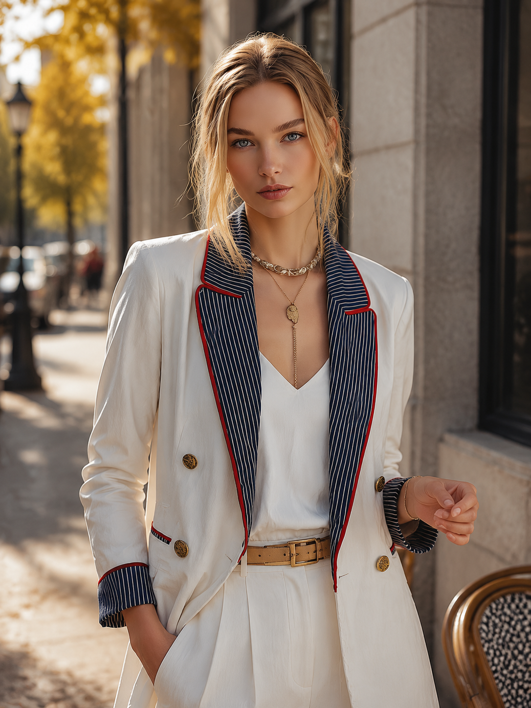 Stylish Casual White Striped-lapel Blazer