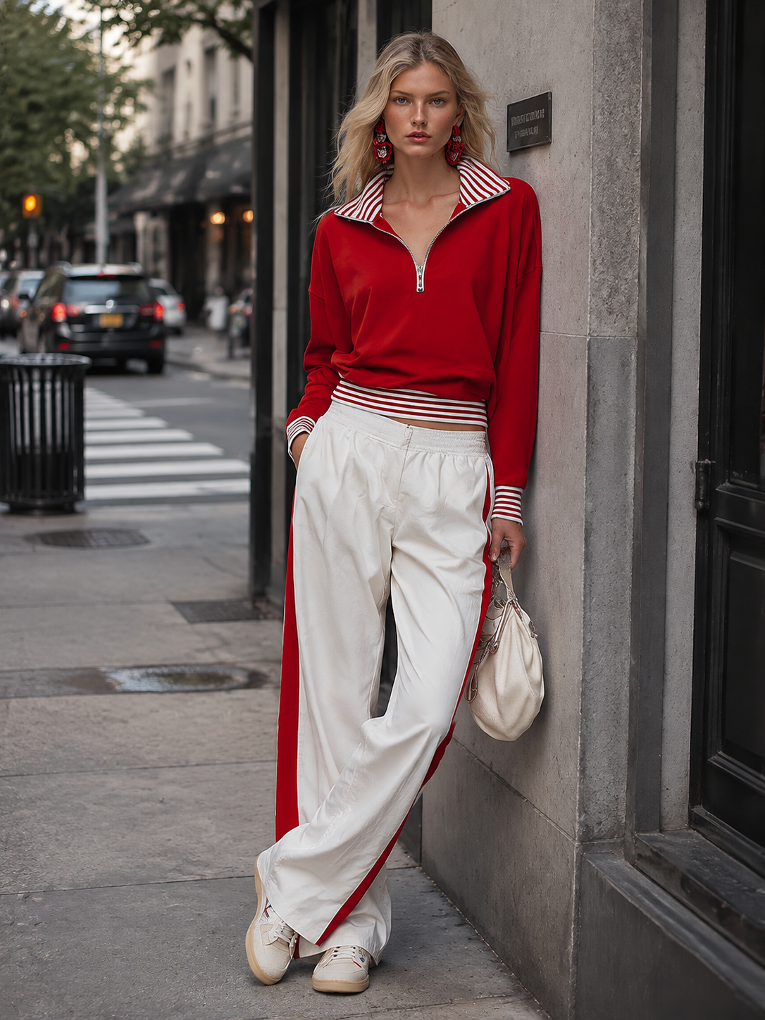 Casual-chic Striped-trim Red Sweatshirt And White Wide-leg Pants Athleisure Set