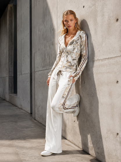 Casual Athletic White Camouflage Zip-Up Hoodie And Wide-Leg Pants Cotton Set