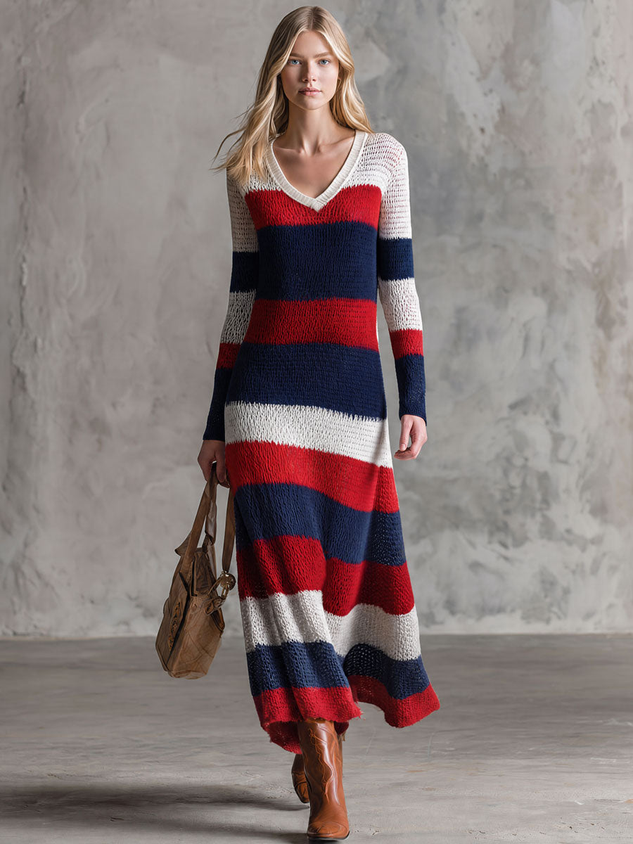 Retro Red And Blue Color-blocked V-neck Long-sleeved Knit Midi Dress