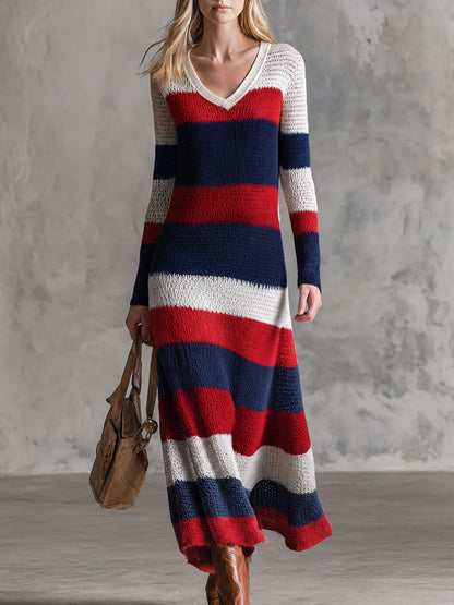 Retro Red And Blue Color-blocked V-neck Long-sleeved Knit Midi Dress