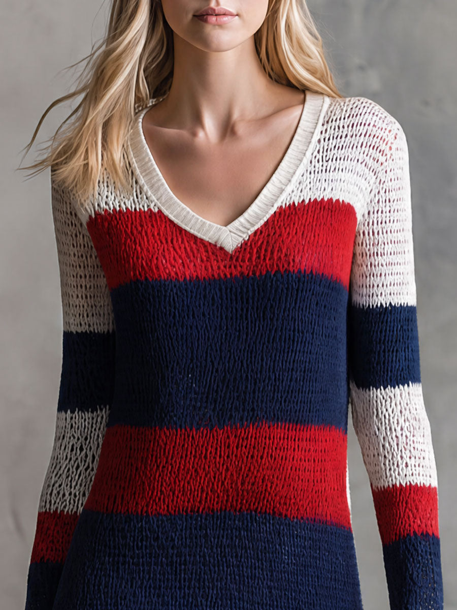 Retro Red And Blue Color-blocked V-neck Long-sleeved Knit Midi Dress