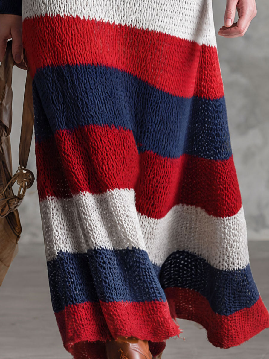 Retro Red And Blue Color-blocked V-neck Long-sleeved Knit Midi Dress