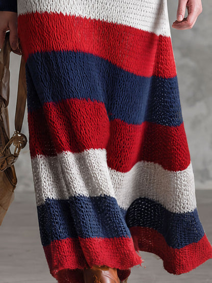 Retro Red And Blue Color-blocked V-neck Long-sleeved Knit Midi Dress