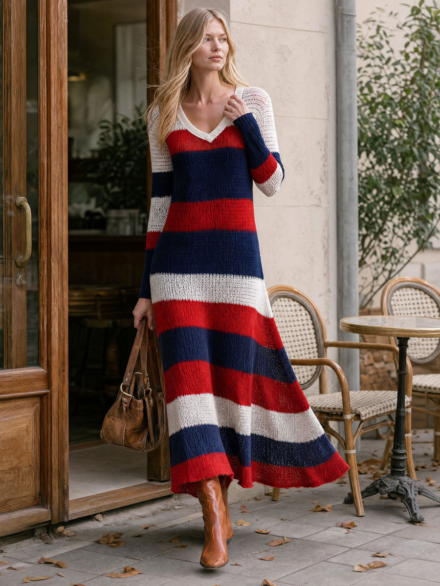 Retro Red And Blue Color-blocked V-neck Long-sleeved Knit Midi Dress