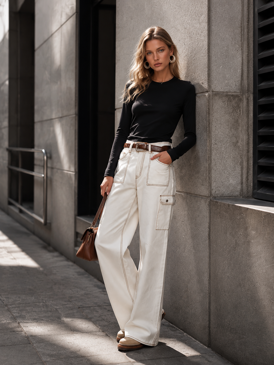 Classic Contrast-Stitching Off-White Utility Pocket Wide-Leg Jeans