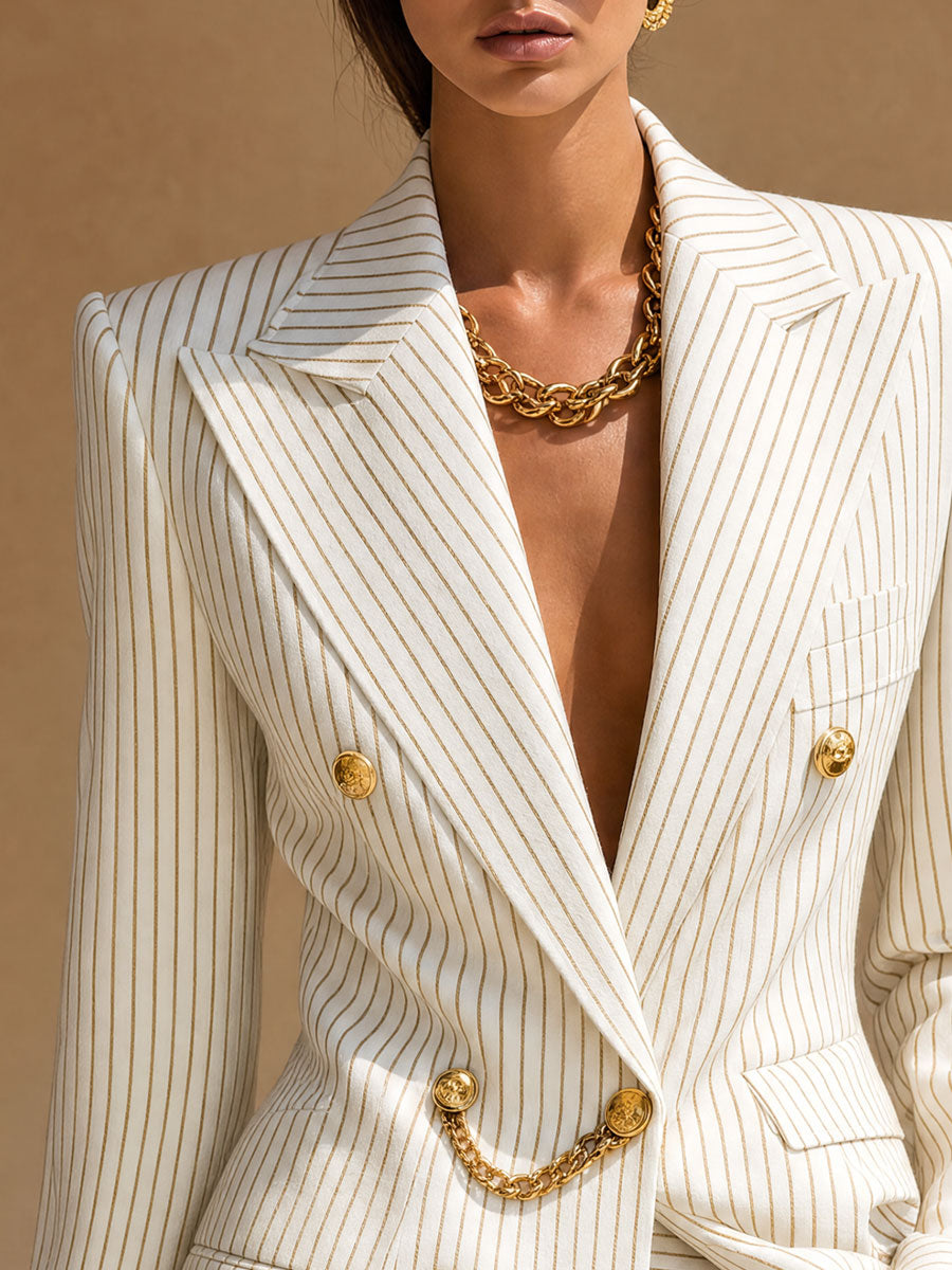 Retro-elegant Beige Striped Double-breasted Blazer