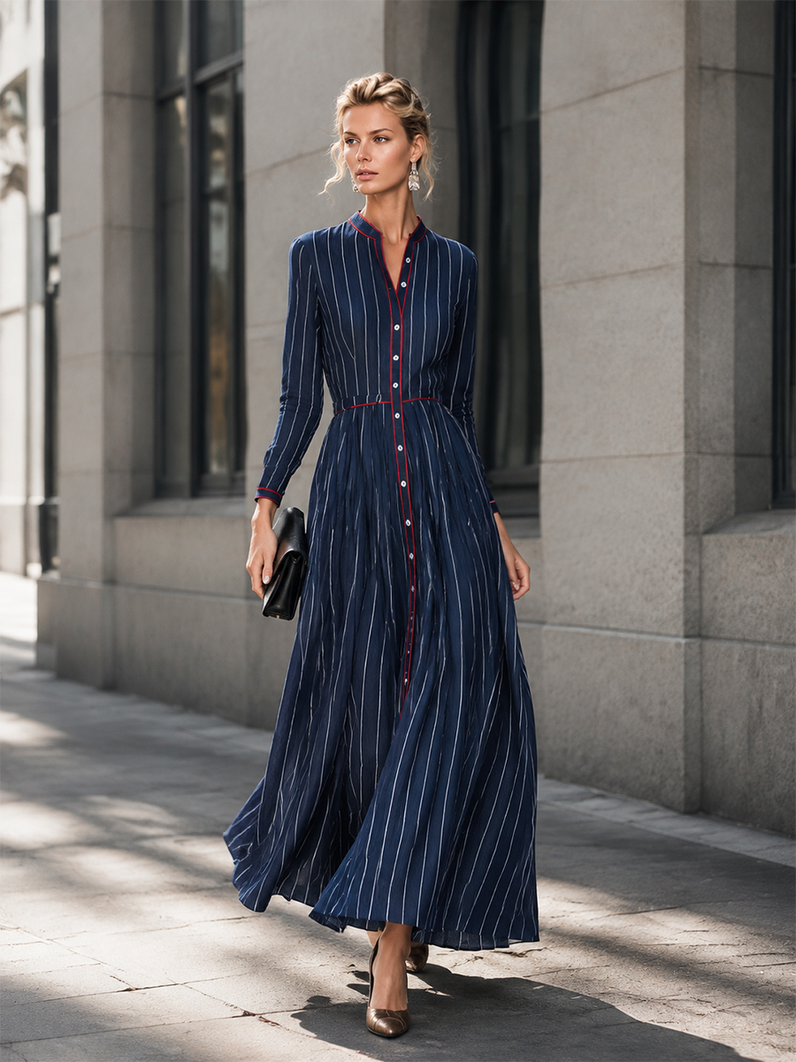 Vintage-style Elegant Piped Trim Navy Striped Single-breasted Maxi Dress