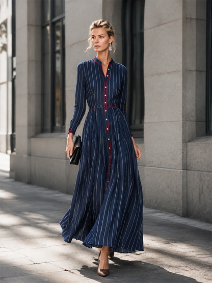 Vintage-style Elegant Piped Trim Navy Striped Single-breasted Maxi Dress