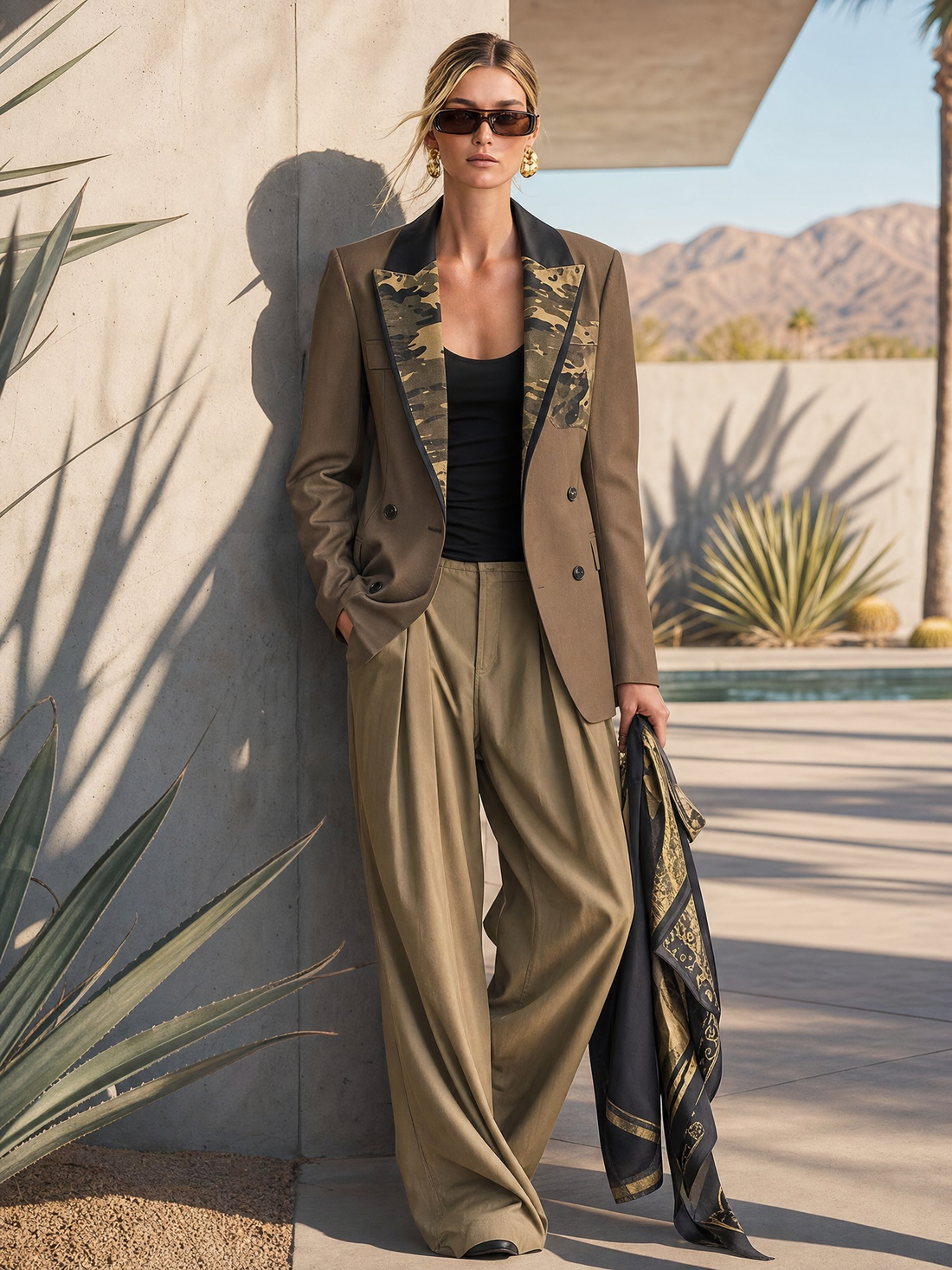 Military Khaki Camo-Lapel Double-Breasted Oversized Blazer Jacket With Pockets