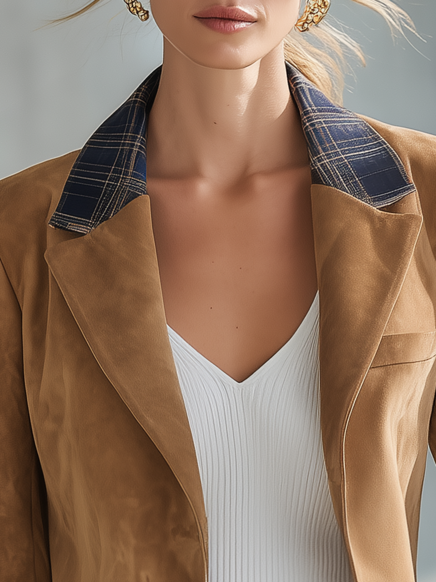 Retro-casual Elegant Top Featuring Faux Suede Paneling And Plaid Fabric