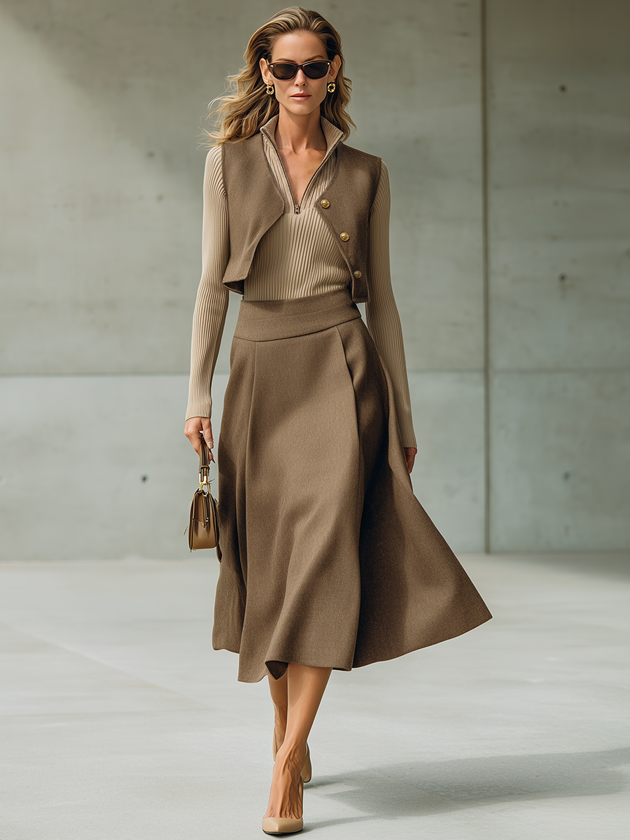 Retro-casual Elegant Suit-fabric Vest And Skirt Set