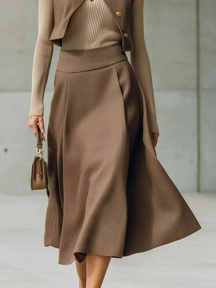 Retro-casual Elegant Suit-fabric Vest And Skirt Set