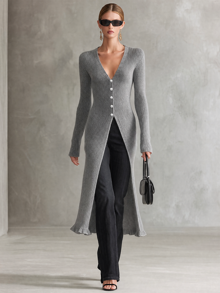Retro-casual Elegant Ribbed-knit Long Top With Ruffle Details