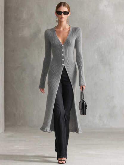 Retro-casual Elegant Ribbed-knit Long Top With Ruffle Details