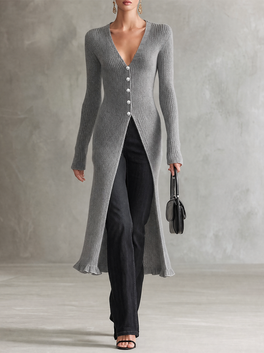 Retro-casual Elegant Ribbed-knit Long Top With Ruffle Details
