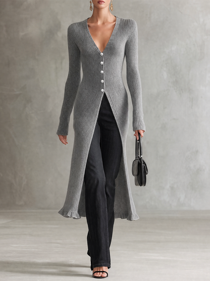 Retro-casual Elegant Ribbed-knit Long Top With Ruffle Details