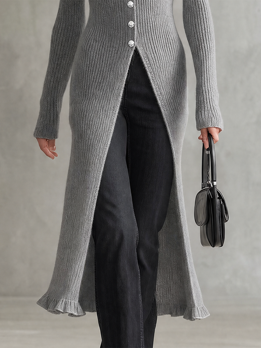 Retro-casual Elegant Ribbed-knit Long Top With Ruffle Details