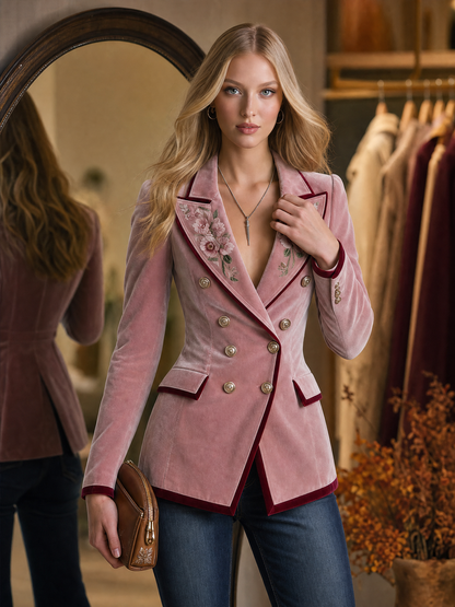 Vintage-style Casual Elegant Velvet Top With Embroidered Collar Detail
