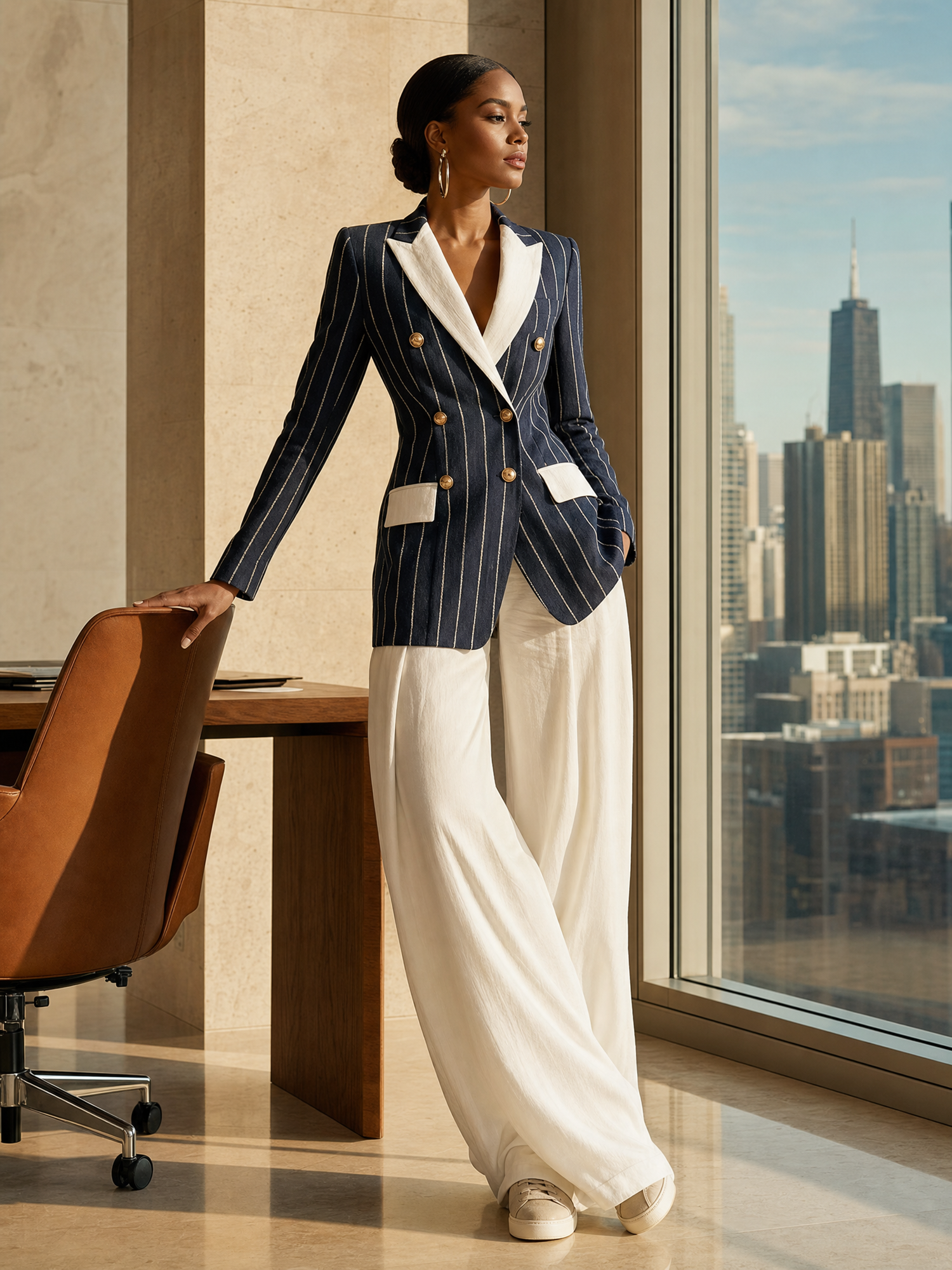 Coastal Navy Pinstripe Contrast-Lapel Double-Breasted Gold-Button Fitted Cotton-Linen Blazer