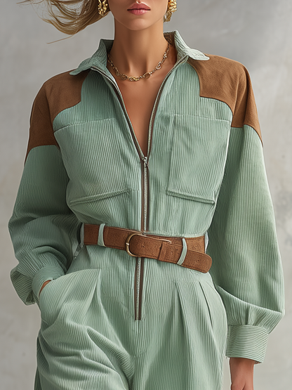 Retro-casual Elegant Corduroy And Faux-suede Patchwork Jumpsuit
