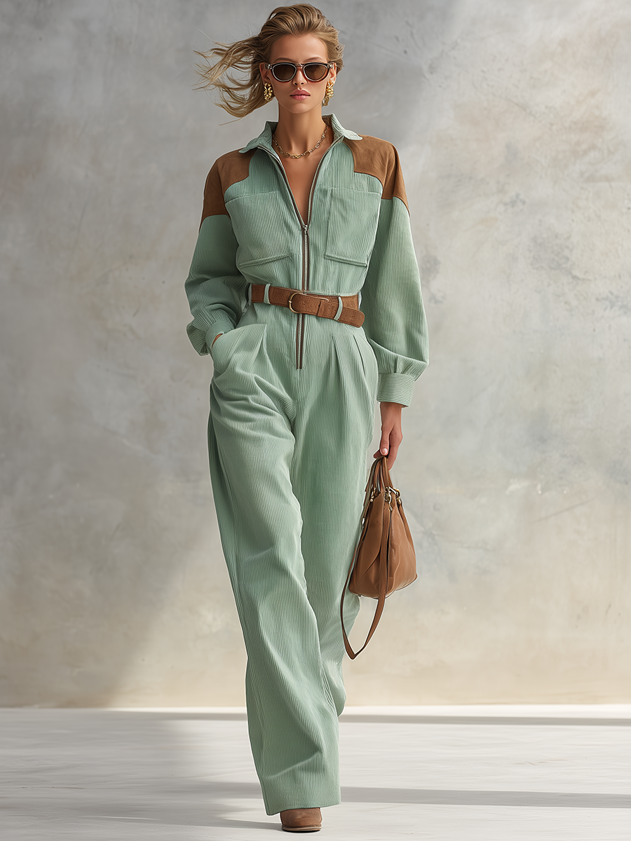 Retro-casual Elegant Corduroy And Faux-suede Patchwork Jumpsuit