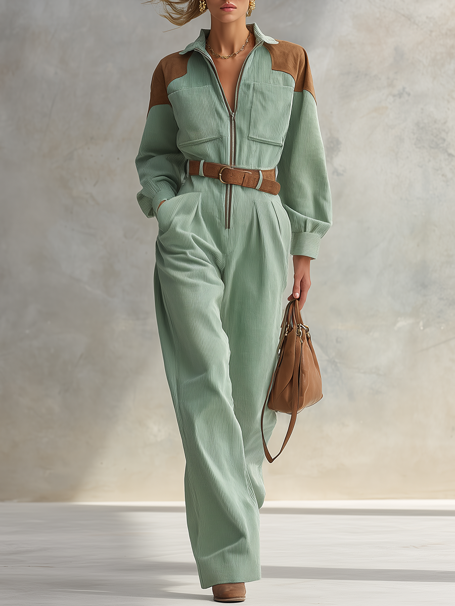 Retro-casual Elegant Corduroy And Faux-suede Patchwork Jumpsuit