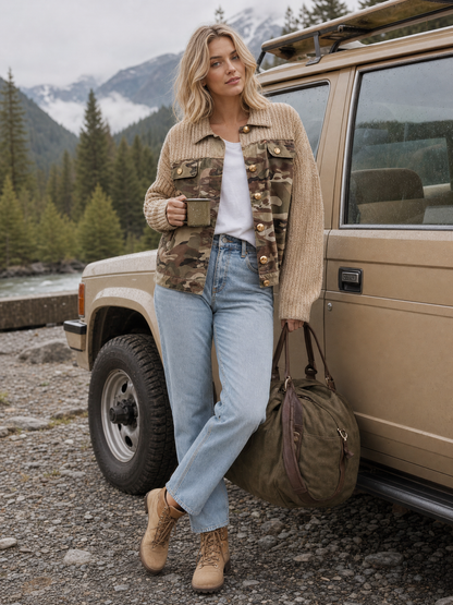 Military Oatmeal Knit Camo-Trim Gold-Button Oversized Collared Jacket With Pockets