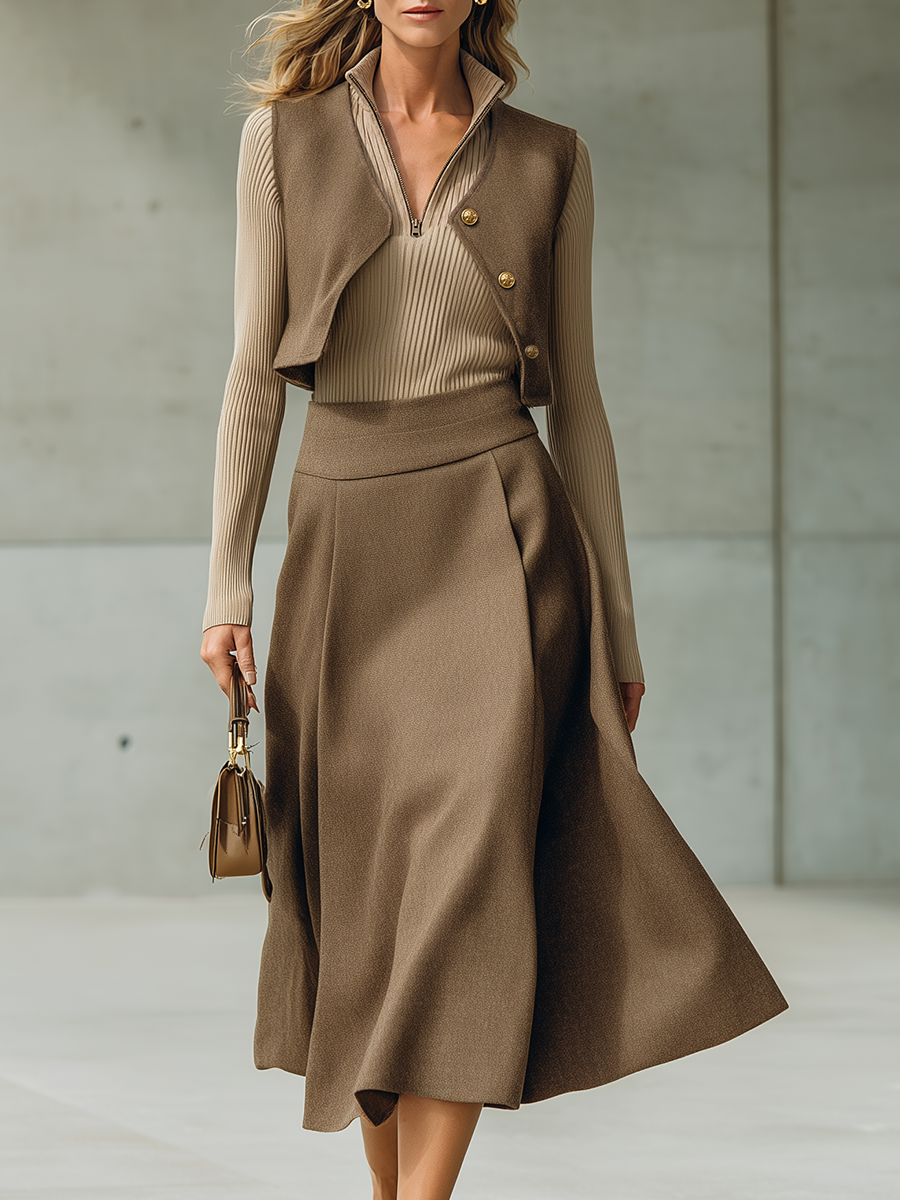 Retro-casual Elegant Suit-fabric Vest And Skirt Set