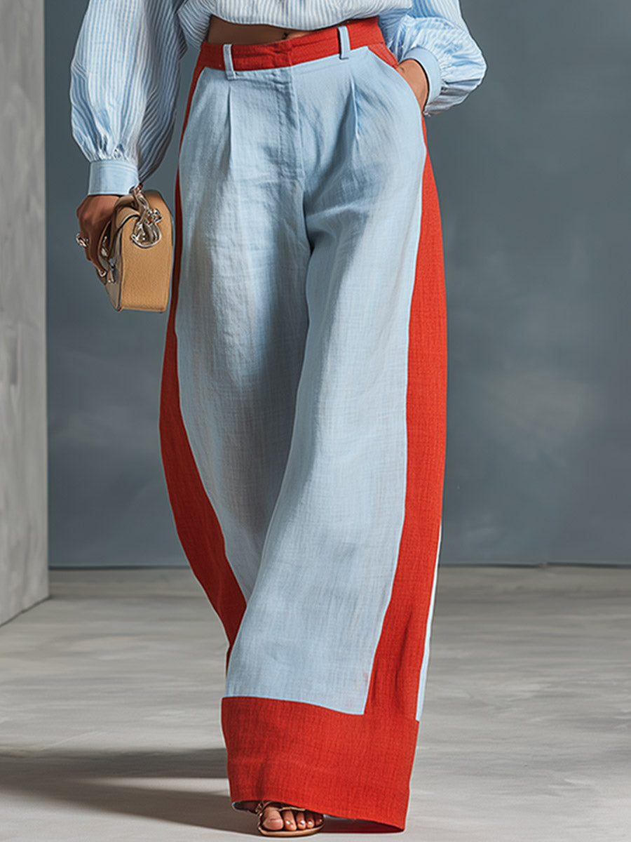 Stylish Casual Blue Color-Block Wide-Leg Cotton-Linen Pants