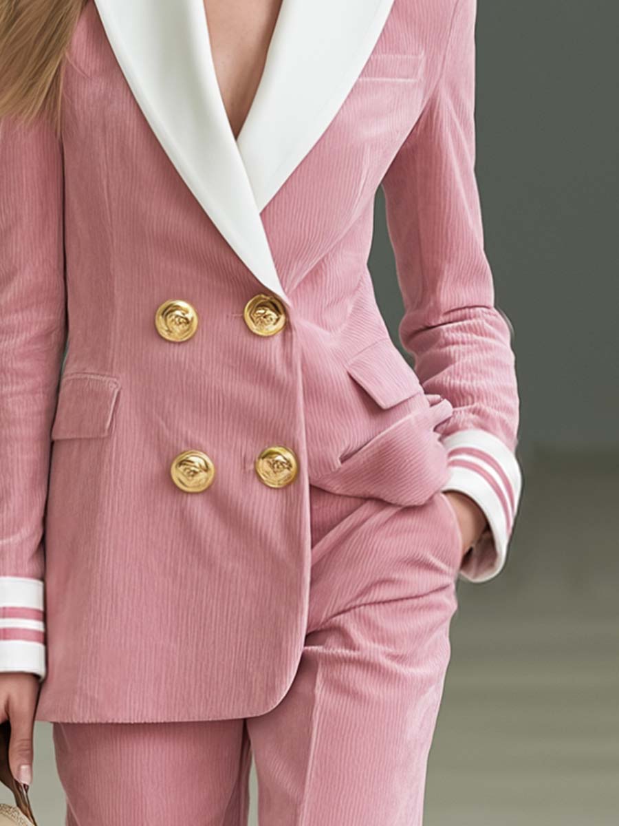 Preppy Pink Corduroy Peak-Lapel Double-Breasted Gold-Button Fitted Blazer