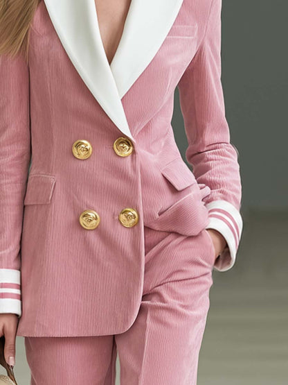 Preppy Pink Corduroy Peak-Lapel Double-Breasted Gold-Button Fitted Blazer
