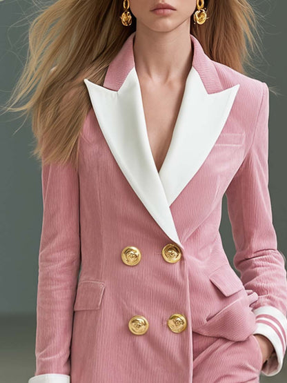 Preppy Pink Corduroy Peak-Lapel Double-Breasted Gold-Button Fitted Blazer