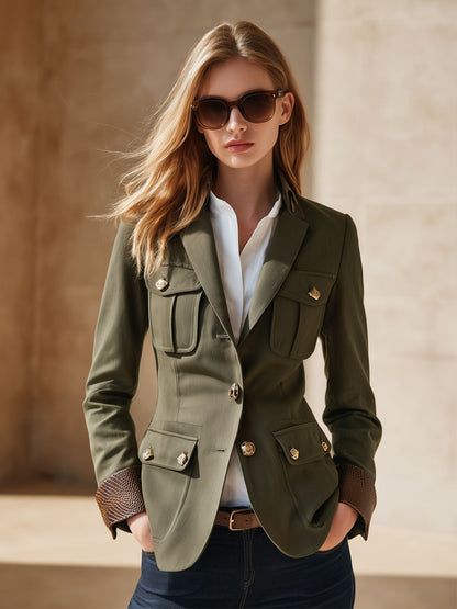 Casual Retro Snakeskin Sleeve Multi-pocket Olive Green Blazer