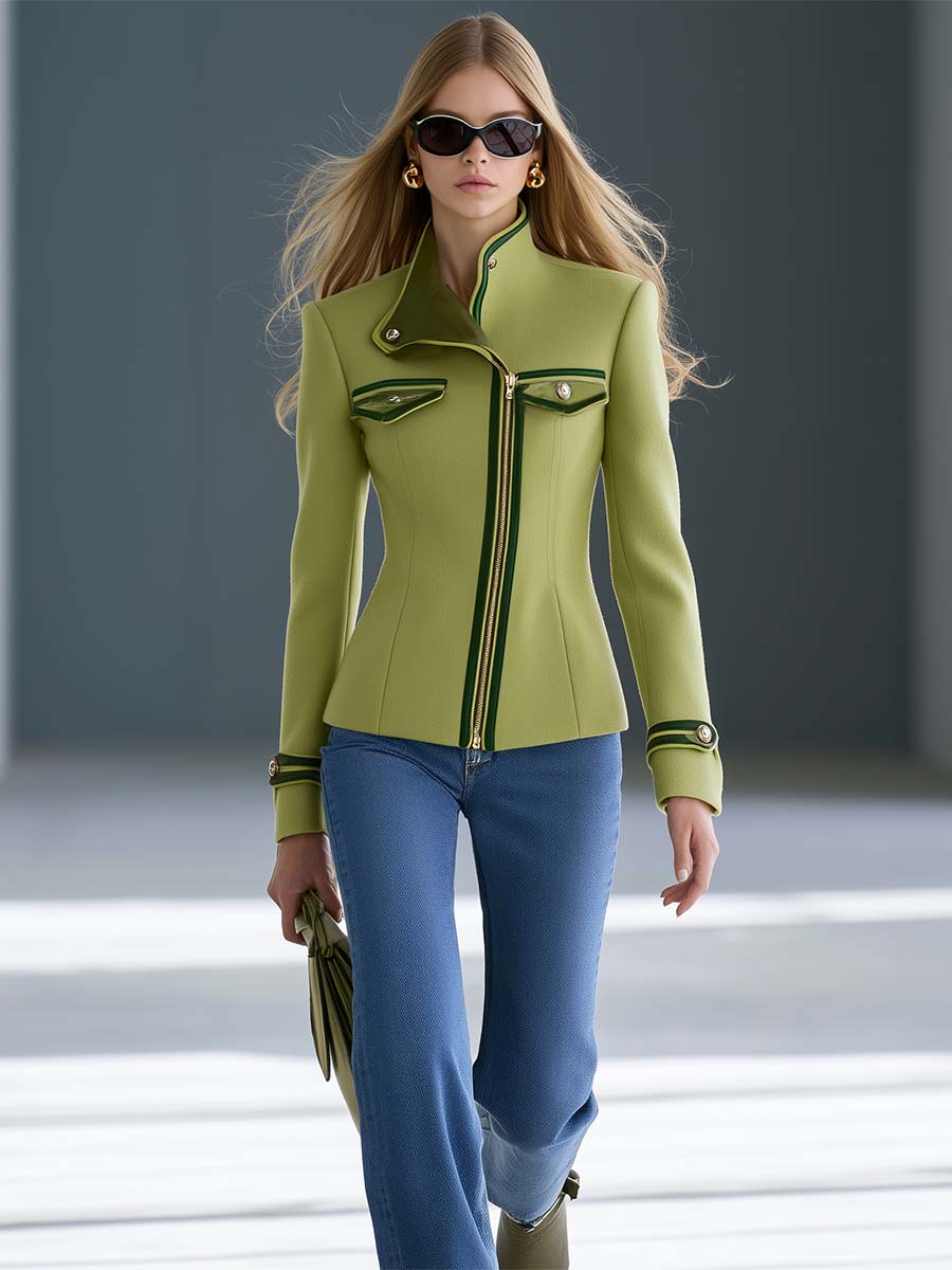 Avocado Green Wool Stand-Collar Zip-Front Gold-Button Fitted Tailored Military Jacket Women