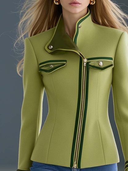 Avocado Green Wool Stand-Collar Zip-Front Gold-Button Fitted Tailored Military Jacket Women