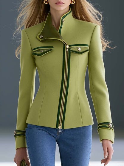 Avocado Green Wool Stand-Collar Zip-Front Gold-Button Fitted Tailored Military Jacket Women