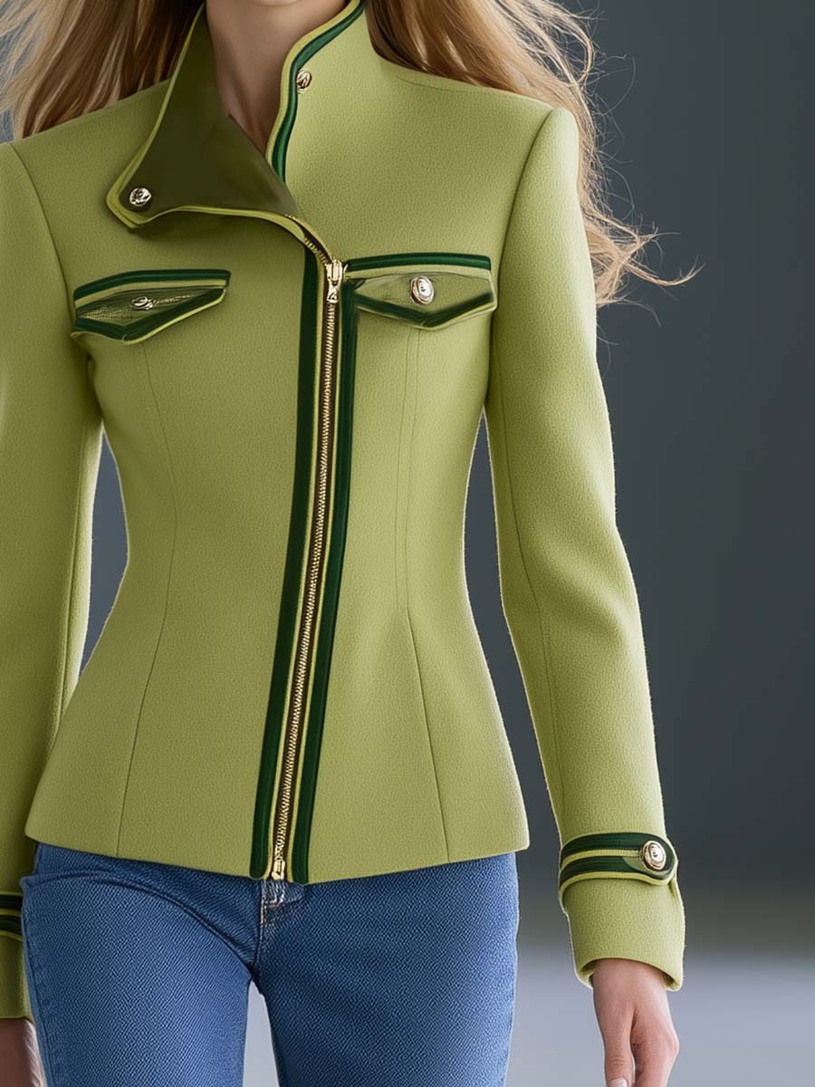 Avocado Green Wool Stand-Collar Zip-Front Gold-Button Fitted Tailored Military Jacket Women