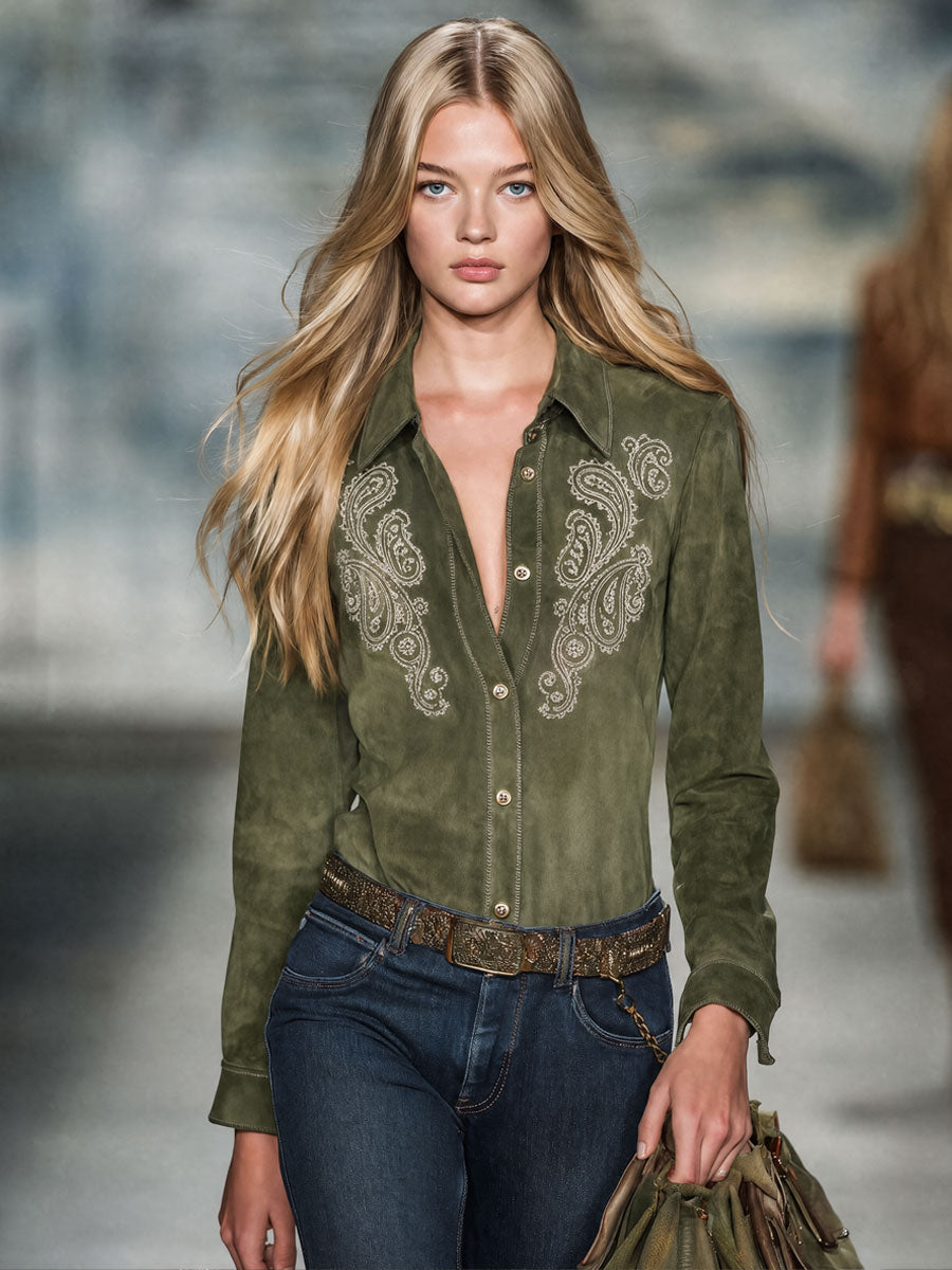 Vintage Paisley Embroidered Olive Green Faux Suede Shirt