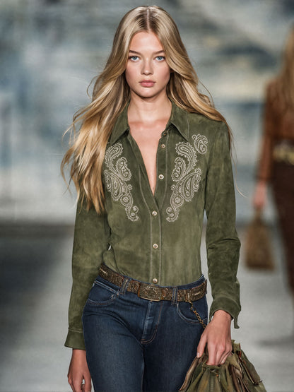 Vintage Paisley Embroidered Olive Green Faux Suede Shirt