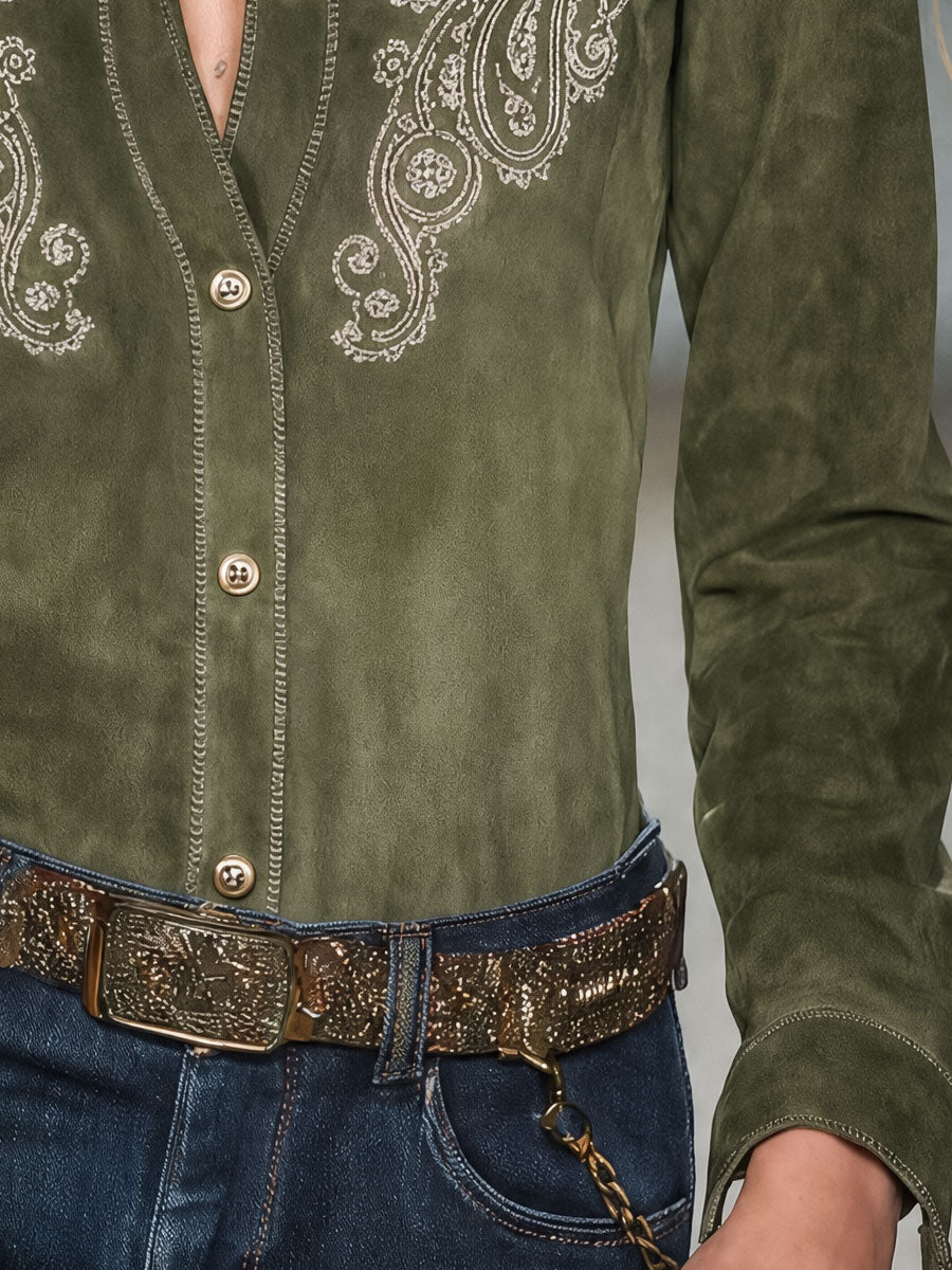 Vintage Paisley Embroidered Olive Green Faux Suede Shirt