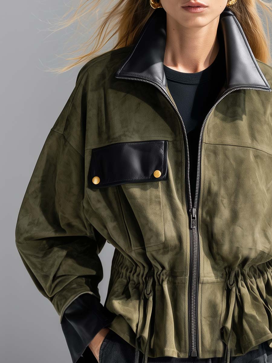 Olive Faux-Suede Leather-Trim Zip-Front Drawstring-Waist Oversized Utility Jacket Women