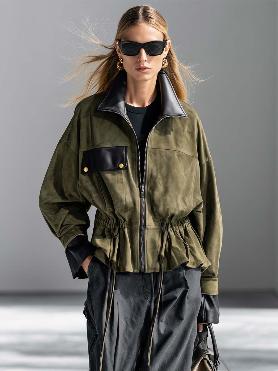 Olive Faux-Suede Leather-Trim Zip-Front Drawstring-Waist Oversized Utility Jacket Women