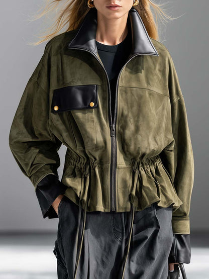 Olive Faux-Suede Leather-Trim Zip-Front Drawstring-Waist Oversized Utility Jacket Women