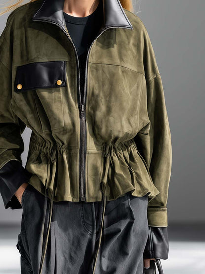 Olive Faux-Suede Leather-Trim Zip-Front Drawstring-Waist Oversized Utility Jacket Women