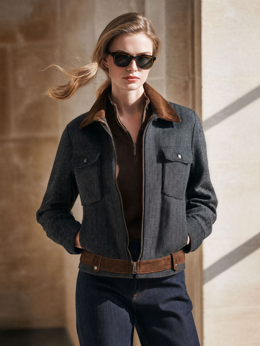 Casual Retro Suede Patchwork Dark Gray Herringbone Zip-up Jacket